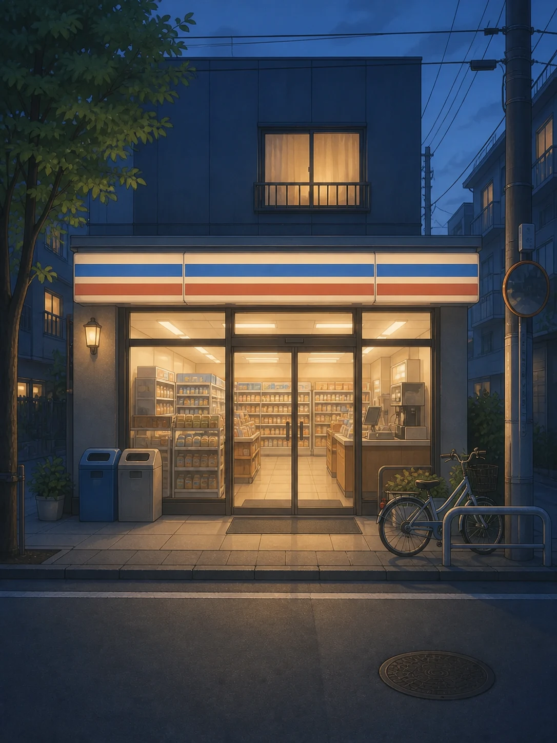 A warmly lit Japanese convenience store at dusk