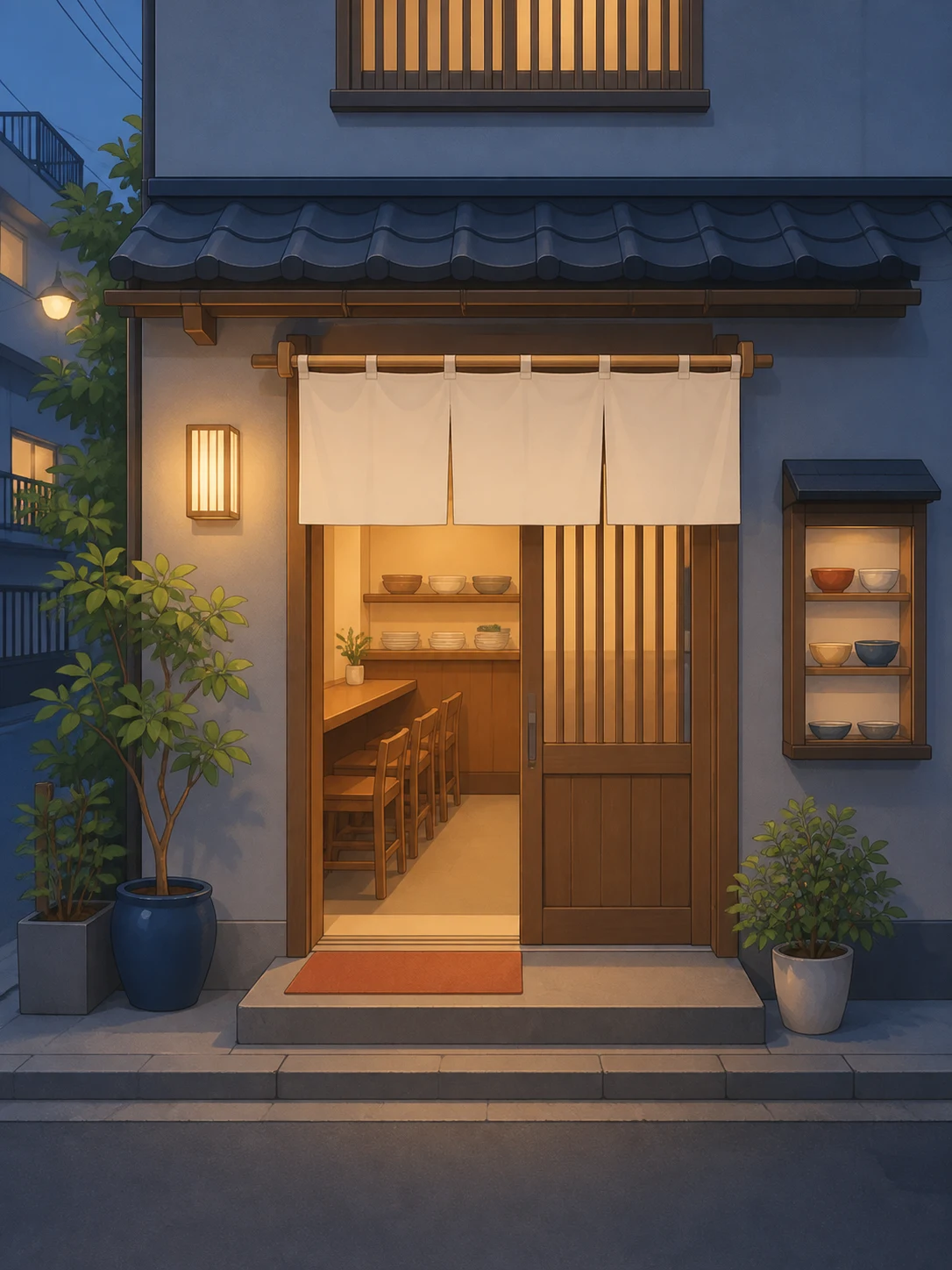 A small neighborhood restaurant glowing warmly at dusk